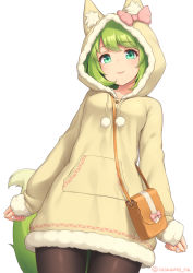  1girl animal_ear_fluff animal_ears arms_at_sides bag black_pantyhose bow closed_mouth commentary_request cowboy_shot fox_ears fox_girl fox_tail fur_trim green_eyes green_hair handbag head_tilt hood hood_up hoodie looking_at_viewer original pantyhose pink_bow pom_pom_(clothes) sasaame simple_background solo tail twitter_username white_background  rating:Sensitive score:9 user:danbooru