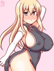  1girl alternate_costume artist_logo bismarck_(kancolle) blonde_hair breasts china_dress chinese_clothes commentary_request covered_erect_nipples covered_navel dated dress gloves grey_dress grey_eyes kanon_(kurogane_knights) kantai_collection large_breasts long_hair one-hour_drawing_challenge pink_background solo white_gloves 