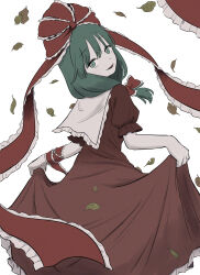  1girl bow dress frilled_bow frilled_dress frilled_ribbon frills front_ponytail green_eyes green_hair hair_bow hair_ribbon highres i_am_hoshiume kagiyama_hina leaf lifted_by_self looking_at_viewer looking_back open_mouth red_bow red_dress red_ribbon ribbon simple_background smile solo touhou white_background 