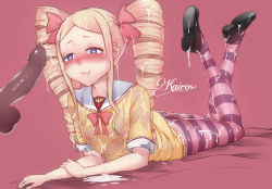 +_+ 10s 1boy 1girl after_fellatio alternate_costume artist_name ass beatrice_(re:zero) black_footwear blonde_hair blue_eyes blush bow bukkake censored clothes_lift covered_erect_nipples cum cum_in_mouth cum_on_body cum_on_clothes cum_on_hair cum_on_upper_body cum_string dress dress_lift drill_hair ejaculation facial feet_up flat_chest full_mouth half-closed_eyes hetero kairos+ loafers loli long_hair lying mosaic_censoring nose_blush on_stomach pantyhose penis puffy_nipples purple_background purple_pantyhose re:zero_kara_hajimeru_isekai_seikatsu red_bow sailor_collar sailor_dress see-through shoes short_sleeves solo_focus striped_clothes striped_pantyhose symbol-shaped_pupils tears twin_drills wet wet_clothes white_sailor_collar yellow_dress rating:Explicit score:145 user:danbooru