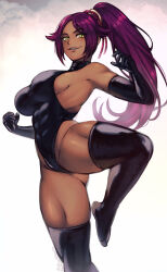 1girl artist_name bare_shoulders black_gloves black_leotard black_thighhighs bleach breasts clenched_hand commentary covered_abs dark-skinned_female dark_skin elbow_gloves english_commentary female_focus gloves gluteal_fold grin groin hair_ribbon high_ponytail highleg highleg_leotard highres large_breasts leg_up leotard light_blush long_hair looking_at_viewer medium_breasts muscular muscular_female parted_lips ponytail purple_hair ribbon shihouin_yoruichi shiny_clothes sideboob simple_background sleeveless smile solo standing standing_on_one_leg the_scarlet_devil thick_thighs thighhighs thighs tight_clothes very_long_hair yellow_eyes  rating:Sensitive score:20 user:danbooru