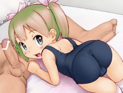  1boy 1girl age_difference amanyon ass bed blonde_hair blue_eyes blush cameltoe censored clothed_female_nude_male crotch erection from_behind hair_ornament loli looking_at_viewer looking_back nude one-piece_swimsuit penis pillow school_swimsuit short_hair short_twintails smile striped_clothes striped_thighhighs swimsuit thighhighs top-down_bottom-up twintails veins veiny_penis  rating:Explicit score:115 user:huzzaman