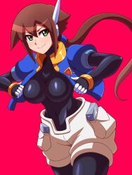  1girl aile_(mega_man_zx) black_bodysuit blue_jacket bodysuit bodysuit_under_clothes breasts brown_hair covered_navel cowboy_shot cropped_jacket green_eyes highres jacket large_breasts long_hair mega_man_(series) mega_man_zx mega_man_zx_advent nobuyu_(77yusei) open_clothes open_jacket pink_background ponytail robot_ears shorts simple_background solo white_shorts  rating:Sensitive score:4 user:Satan-Sama