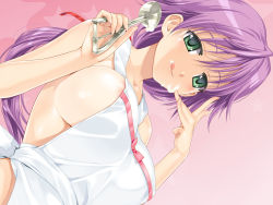 1girl :q apron breasts food game_cg green_eyes hair_ribbon happoubi_jin ice_cream ice_cream_scoop kanojo_x_kanojo_x_kanojo large_breasts licking licking_lips long_hair looking_at_viewer naked_apron orifushi_natsumi ponytail purple_hair ribbon sexually_suggestive sideboob solo suggestive_fluid tongue tongue_out rating:Questionable score:56 user:danbooru
