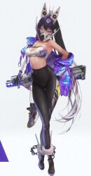  1girl absurdres black_hair chain cuffs goddess_of_victory:_nikke gun highres kkuem mask multicolored_hair official_art pants ponytail purple_eyes rifle scan shackles sin_(nikke) solo sports_bra sportswear tight_clothes tight_pants weapon white_hair yoga_pants 