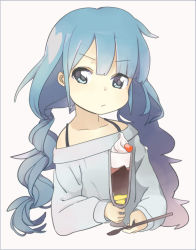  1girl blue_eyes blue_hair blush danchi_(pomechize) food glass long_hair looking_at_viewer matching_hair/eyes off_shoulder original parfait pout solo spoon twintails 