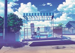 1girl arm_support bench black_hair black_sailor_collar black_skirt blue_sky bus_stop cloud commentary_request cup day fence holding holding_cup horizon house manhole_cover map mocha_(cotton) ocean original outdoors railing road rooftop sailor_collar scenery school_uniform serafuku sitting skirt sky solo summer tree utility_pole rating:General score:9 user:danbooru