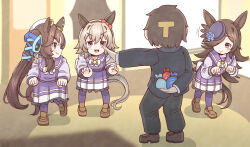  1boy 3girls :3 animal_ears black_hairband black_suit blue-ringed_octopus blue_flower blue_headwear blue_rose bow bowtie brown_footwear brown_hair clenched_hands commentary curren_chan_(umamusume) deformed dress_shoes ear_covers fascinator flipped_hair flower formal hair_between_eyes hair_ribbon hairband hat hat_flower highres horse_ears horse_girl horse_tail indoors leaning_forward light_brown_hair loafers long_hair long_sleeves meme motion_lines multicolored_hair multiple_girls pleated_skirt prattkeeping_(meme) purple_eyes purple_sailor_collar purple_shirt purple_skirt purple_thighhighs rakugakiraid red_bow ribbon rice_shower_(umamusume) rose sailor_collar sailor_hat shirt shoes single_ear_cover skirt spinosaurus suit tail teeth theropod thighhighs tilted_headwear trainer_(umamusume) trait_connection two-tone_hair umamusume upper_teeth_only very_long_hair vivlos_(umamusume) white_bow white_bowtie white_day white_hair 