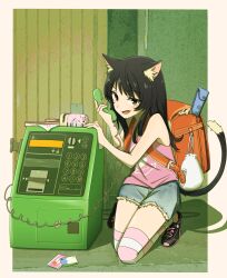 1girl absurdres animal_ear_fluff animal_ears backpack bag black_hair blush border brown_eyes cat_ears cat_tail denim denim_shorts fang hands_up highres holding holding_phone kneeling long_hair o_mozi_r open_mouth original payphone pencil_case phone phonecard pink_shirt randoseru recorder_case shadow shirt shoes shorts sleeveless sleeveless_shirt sneakers solo striped_clothes striped_thighhighs tail academic_test thighhighs torn_clothes torn_shorts white_border