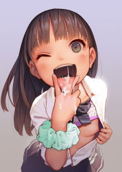 1girl absurdres aqua_scrunchie black_skirt bow bowtie bra bra_lift breasts brown_eyes brown_hair cum cum_in_mouth cum_on_tongue cunnilingus_gesture gradient_background highres loli long_hair looking_at_viewer muk_(monsieur) nipples one_breast_out one_eye_closed open_clothes open_shirt oral_invitation original pulling_own_clothes saliva scrunchie shirt skirt small_breasts solo straight_hair striped_bow striped_bowtie striped_clothes striped_neckwear teeth tongue tongue_out unbuttoned unbuttoned_shirt underwear upper_teeth_only uvula white_shirt wrist_scrunchie yonic_symbol rating:Explicit score:542 user:danbooru