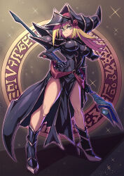  1girl blonde_hair boots breasts cosplay dark_magician dark_magician_(cosplay) dark_magician_girl duel_monster frown full_body green_eyes hand_on_own_hip hat highres holding holding_staff knee_boots large_breasts looking_to_the_side magic_circle magical_girl no_pants shouma_(bravespiritya) staff staff_(weapon) standing wizard_hat yu-gi-oh! 