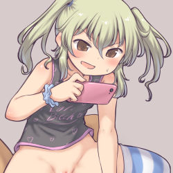  1boy 1girl aaaa_(quad-a) bad_id bad_pixiv_id black_tank_top blue_scrunchie blush bottomless brown_eyes cellphone clothes_writing green_hair grey_background hair_between_eyes highres holding holding_phone implied_sex loli looking_at_phone open_mouth original out-of-frame_censoring phone pussy pussy_peek scrunchie short_hair simple_background sleeveless smile solo_focus striped_clothes striped_thighhighs sweatdrop tank_top thighhighs twintails wrist_scrunchie  rating:Explicit score:158 user:danbooru