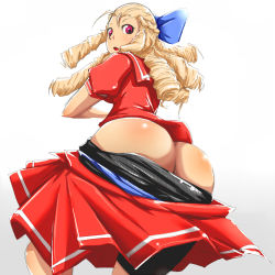  1990s_(style) 1girl ass bad_id bad_pixiv_id bike_shorts bike_shorts_pull bike_shorts_under_skirt blonde_hair blue_bow blush bow butt_crack capcom clothes_pull drill_hair hair_bow hair_slicked_back kanzuki_karin long_hair looking_at_viewer looking_back lowres open_mouth red_eyes red_shirt red_skirt retro_artstyle ringlets sanchuu school_uniform shirt short_sleeves shorts shorts_under_skirt skirt skirt_pull solo street_fighter street_fighter_zero_(series)  rating:Questionable score:76 user:danbooru