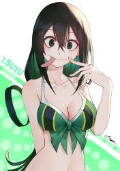 10s 1girl absurdres asui_tsuyu bad_id bad_pixiv_id bikini bikini_top_only black_eyes black_hair boku_no_hero_academia breasts character_name cleavage erospanda green_bikini green_hair hair_between_eyes hair_rings highres long_hair looking_at_viewer medium_breasts simple_background smile solo standing swimsuit tongue tongue_out upper_body white_background rating:Questionable score:65 user:twilight_jester