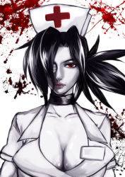 1girl bad_id bad_pixiv_id blood blood_splatter breasts choker cleavage eyepatch hair_over_one_eye ka-&gt;nya large_breasts monochrome name_tag nurse partially_colored red_eyes side_ponytail skullgirls solo upper_body valentine_(skullgirls) 