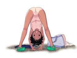  1girl :d anus bad_id bad_pixiv_id bag bent_over black_hair blush brown_eyes cleft_of_venus copyright_request crocs fang flat_chest full_body hands_reach_floor happy highres loli looking_at_viewer looking_through_own_legs navel nipples nude nudist one-piece_tan open_mouth polka_dot polka_dot_bag pussy short_hair small_areolae small_nipples smile solo swimsuit unworn_swimsuit tan tanline transparent_background uncensored unmaker wet  rating:Explicit score:178 user:danbooru