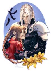  aerith_gainsborough armor bangle black_coat black_feathers black_gloves blue_background blush border bracelet braid braided_ponytail brown_hair chest_strap closed_eyes closed_mouth coat cropped_jacket dated dress falling_feathers feathers final_fantasy final_fantasy_vii final_fantasy_vii_rebirth final_fantasy_vii_remake flower gloves green_eyes grey_hair hair_ribbon hand_on_another&#039;s_back highres hug jacket jewelry kay-i lily_(flower) long_bangs long_sleeves parted_bangs parted_lips pink_dress pink_ribbon red_jacket ribbon sephiroth short_sleeves shoulder_armor sidelocks single_braid smile twitter_username upper_body wavy_hair white_border yellow_flower 