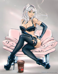  1girl ankle_boots bad_id bad_pixiv_id black_thighhighs boots bra breasts chair choker cigarette cleavage cross crossed_legs elbow_gloves fingerless_gloves gloves green_eyes hand_on_own_hip high_heel_boots high_heels lace lace-trimmed_legwear lace_trim long_hair parted_lips platform_footwear platform_heels silver_hair sitting smoke smoking solo tatti_art thighhighs underwear  rating:Questionable score:24 user:danbooru