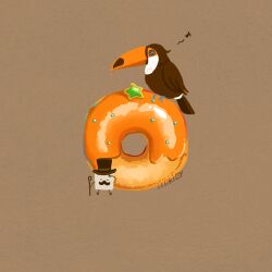  animal artist_name bird brown_background cane doughnut facial_hair food food_focus hat holding holding_cane icing issiki_toaki musical_note mustache original pastry star_(symbol) sugar_cube top_hat toucan 