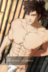  1boy abs bamboo bara brown_hair bulge cowboy_shot fire_emblem fire_emblem_fates from_above fundoshi hinata_(fire_emblem) hydaria japanese_clothes looking_at_viewer male_focus medium_hair medium_sideburns muscular muscular_male navel nintendo nipples paid_reward_available pectorals scar scar_on_chest solo stomach toned toned_male topknot topless_male watermark 