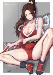 1girl bare_shoulders black_socks blush breasts brown_eyes brown_hair cleavage collarbone fatal_fury hand_fan high_ponytail highres hoshinatsue japanese_clothes kimono looking_at_viewer red_kimono revealing_clothes shiranui_mai sitting socks solo spread_legs steam sweat tabi the_king_of_fighters the_king_of_fighters_xv thighs twitter_username