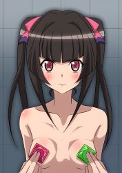 1girl absurdres angry black_hair blunt_bangs blush body_blush breasts chi_moooon closed_mouth collarbone commentary_request condom condom_wrapper covering_breasts covering_nipples covering_privates hair_ornament highres long_hair looking_at_viewer nude pink_eyes senki_zesshou_symphogear shiny_skin small_breasts solo tsukuyomi_shirabe twintails upper_body rating:Questionable score:21 user:danbooru
