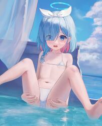  1girl absurdres arona_(blue_archive) bare_shoulders barefoot bikini blue_archive blue_eyes blue_hair blue_sky blush bow braid breasts cameltoe cloud collarbone day female_focus grabbing_own_thigh hair_over_one_eye hair_ribbon hairband halo highres loli looking_at_viewer m_legs micro_bikini navel nay open_mouth paid_reward_available ribbon sitting sky small_breasts spread_legs stomach swimsuit thigh_grab thighs water white_bikini  rating:Questionable score:108 user:danbooru