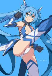  &gt;:( 1girl armor blue_background blue_eyes blue_footwear blue_hair boots character_name cleavage_cutout clenched_hands clothing_cutout flat_chest from_below frown gloves jpeg_artifacts kicking long_hair maruto! matching_hair/eyes mecha_musume ore_twintail_ni_narimasu serious solo tailblue thighhighs tsube_aika twintails v-shaped_eyebrows  rating:Sensitive score:30 user:danbooru