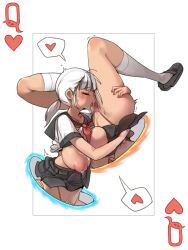  1girl autocunnilingus black_skirt blunt_bangs blush breasts card chinese_commentary closed_eyes clothes_pull commentary cunnilingus english_commentary grunt_frostwolf heart huge_breasts lactation large_areolae licking loafers low_ponytail masturbation mixed-language_commentary neckerchief oral original panties playing_card pleated_skirt ponytail portal_(object) portal_(series) queen_(playing_card) queen_of_hearts_(playing_card) red_neckerchief red_panties saliva school_uniform serafuku shirt_pull shoes simple_background skirt skirt_rolled_up socks tongue tongue_out trembling underwear upside-down white_background white_hair white_socks 