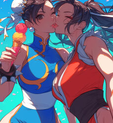  2girls capcom chun-li crossover double_bun food french_kiss hair_bun ice_cream kiss looking_at_viewer multiple_girls shiranui_mai snk street_fighter summer the_king_of_fighters yuri  rating:Questionable score:9 user:albergato