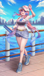  1girl :d absurdres alternate_costume arm_up bare_legs baseball_cap blue_footwear blue_hair blue_sky blunt_bangs breasts cityscape clothes_writing cloud commentary_request contemporary crop_top cutoffs day denim denim_shorts full_body genshin_impact gradient_hair hat he7_(he7hihi) highres holding large_breasts long_hair looking_at_viewer midriff multicolored_hair navel open_mouth pink_hair purple_eyes railing sangonomiya_kokomi see-through see-through_shirt shirt shoes short_sleeves shorts sky smile sneakers solo sports_bra stomach thermos thighs very_long_hair walking white_hat white_shirt wristband 