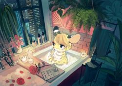 1girl alcohol animal_ears bathing bathtub blonde_hair bottle candle champagne cityscape deer_ears female_focus flower furry furry_female highres indoors magazine_(object) mayumochini original plant potted_plant rose soap_bubbles solo window rating:Sensitive score:4 user:Dweenie