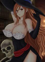 1girl bare_shoulders book breasts brown_eyes brown_hair cleavage dragon&#039;s_crown elbow_gloves gloves hat highres huge_breasts long_hair seraphina skeleton solo sorceress_(dragon&#039;s_crown) thighs very_long_hair witch_hat  rating:Sensitive score:45 user:jillsssz
