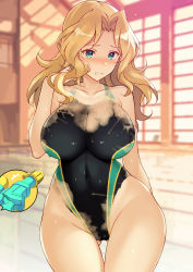 1girl backlighting blonde_hair blush bodypaint breasts cleavage cleft_of_venus clenched_teeth commentary_request completely_nude cowboy_shot embarrassed exhibitionism fang girls_und_panzer gluteal_fold green_eyes hair_intakes highres indoors kay_(girls_und_panzer) large_breasts looking_at_viewer medium_hair nakamura_yukitoshi naked_paint navel nipples nude open_mouth painted_clothes pool public_indecency pussy solo speech_bubble standing striped teeth thigh_gap thighs water water_gun wavy_hair wet wide_hips window rating:Explicit score:104 user:danbooru
