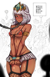  1girl blush breasts cleavage collar crown cuffs handcuffed handcuffs highres league_of_legends leash qiyana_(league_of_legends) ratatatat74 slave slave_auction translated underwear white_hair yellow_eyes  rating:Questionable score:183 user:CCM_fan
