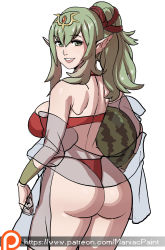 1girl aged_up ass back bare_arms bare_shoulders bikini breasts curvy female_focus fire_emblem fire_emblem_awakening food forehead_jewel fruit green_eyes green_hair hair_ribbon highres hip_focus holding huge_ass large_breasts long_hair looking_back maniacpaint nintendo pointy_ears ponytail red_bikini ribbon see-through shawl sideboob simple_background smile solo standing swimsuit thick_thighs thighs thong_bikini tiki_(adult)_(fire_emblem) tiki_(adult)_(summer)_(fire_emblem) tiki_(fire_emblem) watermark watermelon web_address white_background wide_hips wristband rating:Questionable score:69 user:danbooru