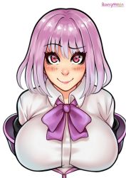  10s 1girl blush bouncymelon bow breasts closed_mouth collared_shirt gridman_universe highres large_breasts looking_at_viewer purple_bow purple_eyes purple_hair red_eyes school_uniform shinjou_akane shirt short_hair signature smile solo ssss.gridman upper_body white_shirt  rating:Sensitive score:3 user:UmuFr