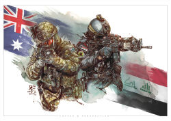  2others aiming ambiguous_gender arabic_text assault_rifle australia australian_flag belt black_belt black_gloves black_headwear black_jacket black_mask black_pants body_armor border brown_headwear brown_jacket c-clamp camouflage camouflage_headwear camouflage_jacket combat_helmet commentary commission cowboy_shot cropped_legs dated english_commentary facebook_username facing_ahead facing_viewer fatigues flag_background gloves gun helmet heptagram holding holding_gun holding_weapon holster hybrid_sight iraq iraqi_flag jacket laser_sight long_sleeves m4_carbine mar-c! military military_jacket military_operator military_uniform multicolored_background multiple_others night_vision_device optical_sight orange-tinted_eyewear original other_focus painting_(medium) pants patch realistic rifle shoulder_patch signature star_(symbol) sunglasses tactical_clothes tinted_eyewear traditional_media trigger_discipline uniform unit_patch upper_body watercolor_(medium) watercolor_background watermark weapon white_background white_border 