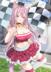  1girl :3 :d absurdres aisu_(icicleshot) animal_ears arm_behind_back bare_shoulders bell blush breasts cat_ears cat_girl cat_tail checkered_flag claw_pose cleavage collar commentary_request crop_top curly_hair day fang flag frilled_skirt frills hair_between_eyes hand_up happy highres large_breasts layered_skirt long_hair looking_at_viewer medium_breasts midriff navel neck_bell open_mouth original outdoors pink_eyes pink_hair pink_skirt red_collar skirt sleeveless slit_pupils smile solo standing tail thighhighs very_long_hair 