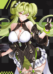  absurdres ai_hyperion_lamdba_(honkai_impact) armpit_crease barcode barcode_tattoo bare_shoulders black_dress black_gloves black_sleeves bow breasts checkered_bow checkered_clothes checkered_hairband chest_tattoo cleavage commentary cowboy_shot detached_sleeves dress english_commentary fingerless_gloves gloves green_hair hair_between_eyes hair_bow highres honkai_(series) honkai_impact_3rd large_breasts long_hair looking_at_viewer multiple_hair_bows o-ring_dress orange_eyes sidelocks smile standing tattoo thighs tian_kazuki twintails two_side_up v 