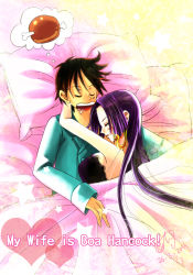 bed black_hair blush boa_hancock breasts couple earrings closed_eyes highres hug jewelry large_breasts long_hair monkey_d._luffy one_piece open_mouth pillow sasori_(pixiv920534) scar short_hair sleeping rating:Sensitive score:15 user:hotsushi-kun