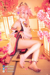  1girl anklet asian bare_legs barefoot cherry_blossoms cosplay feet female_focus genshin_impact japanese_(nationality) jewelry photo_(medium) pink_hair soles solo toes twoyun yae_miko yae_miko yae_miko_(cosplay)  rating:Sensitive score:51 user:Justiceforall