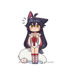  ahri_(league_of_legends) animal_ear_fluff animal_ears artist_name banana_(bananapie) bare_shoulders black_hair blush broken_cup chibi closed_mouth detached_sleeves facial_mark floppy_ears flying_sweatdrops fox_ears fox_tail green_eyes hair_flaps heart heart-shaped_pupils highres index_fingers_together league_of_legends long_hair long_sleeves looking_at_viewer low-tied_long_hair parted_lips sidelocks simple_background smile standing symbol-shaped_pupils tail very_long_hair whisker_markings white_background white_sleeves 