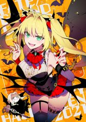 1boy 1girl ahoge alternate_costume asymmetrical_legwear asymmetrical_sleeves backless_dress backless_outfit bare_shoulders bat_wings beard blonde_hair bra_strap breasts center_frills chibi cover cover_page cowboy_shot detached_sleeves dress facial_hair fangs fate/grand_order fate_(series) fingernails frills garter_straps green_eyes hair_between_eyes hair_intakes hands_up highres koshiro_itsuki large_breasts leaning_forward crossed_legs long_fingernails long_hair looking_at_viewer mismatched_legwear mismatched_sleeves nail_polish neckerchief nero_claudius_(fate) nero_claudius_(fate)_(all) nero_claudius_(fate/extra) open_mouth red_nails short_dress smile vlad_iii_(fate/apocrypha) wings  rating:Sensitive score:18 user:danbooru