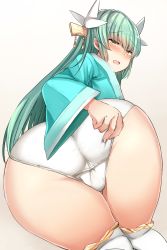 1girl aqua_hair aqua_kimono ass ass_focus bent_over blush curvy embarrassed fate/grand_order fate_(series) female_focus gradient_background hair_ornament hand_on_own_ass highres hip_focus horns huge_ass japanese_clothes kimono kiyohime_(fate) kneeling long_hair looking_at_viewer looking_back nose_blush open_mouth panties sabujiroko simple_background solo thick_thighs thighhighs thighs tongue underwear very_long_hair white_background white_panties white_thighhighs wide_hips wide_sleeves yellow_eyes rating:Explicit score:64 user:danbooru