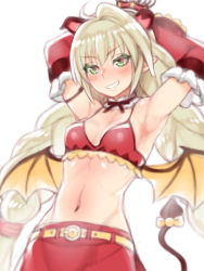 1girl alternate_costume animal_ears armpits arms_up bad_id bad_pixiv_id belt blonde_hair blush bow bra braid breasts cowboy_shot crown demon_wings detached_collar detached_sleeves folks_(nabokof) green_eyes grin long_hair looking_at_viewer magilou_(tales) medium_breasts midriff mini_crown multicolored_eyes navel pink_eyes pointy_ears red_bra red_skirt shiny_skin simple_background skirt smile solo tail tail_bow tail_ornament tales_of_(series) tales_of_berseria twin_braids underwear white_background wings yellow_bow rating:Sensitive score:22 user:danbooru