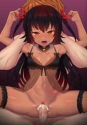  1boy 1girl areola_slip babydoll bad_id bad_pixiv_id bell black_hair blush breasts choker cum cum_in_pussy highres lingerie long_hair master_nemesis multicolored_hair navel neck_bell nt00 open_mouth penis red_hair see-through sex slit_pupils small_breasts spread_legs tagme to_love-ru twintails two-tone_hair uncensored underwear vaginal yellow_eyes yuuki_rito  rating:Explicit score:187 user:Nodi