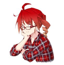 1girl ahoge arm_rest collarbone commentary cropped_torso drill_hair glasses head_rest highres kasane_teto leaning_forward looking_at_viewer looking_to_the_side plaid plaid_shirt red_eyes red_hair shirt simple_background sitting sleeves_rolled_up smile solo upper_body utau v-shaped_eyebrows white_background yasutange rating:General score:5 user:danbooru