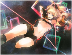  1girl arm_strap arm_up bad_id bad_pixiv_id blonde_hair blue_eyes breasts dutch_angle gloves long_hair looking_at_viewer macross macross_frontier microphone midriff navel open_mouth s1minami sheryl_nome short_shorts shorts solo space strapless suspenders tube_top underboob 
