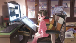  1girl a-801 absurdres barefoot blunt_bangs blush book box brown_eyes brown_hair bubble_wrap chair computer controller desk drawing_tablet figure game_console game_controller google_chrome hair_bun highres indoors keyboard loli looking_at_viewer monitor original playstation_4 short_hair single_hair_bun sitting solo stylus windows_7  rating:Questionable score:167 user:danbooru